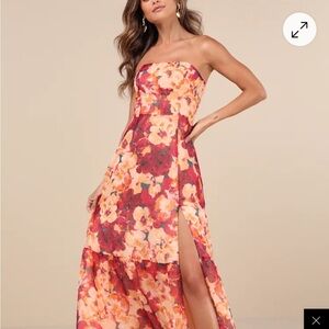 Lulu's Strapless Floral Dress in Red and Orange
